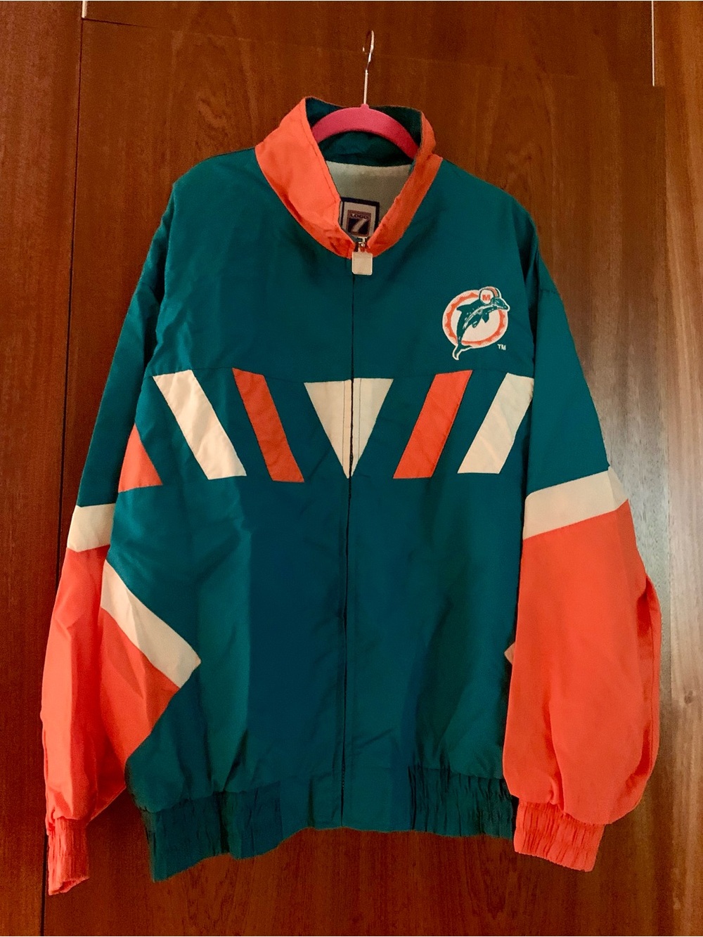 LOGO 7 Teal & Orange NFL Miami Dolphins Game Day Jacket Label Close-Up